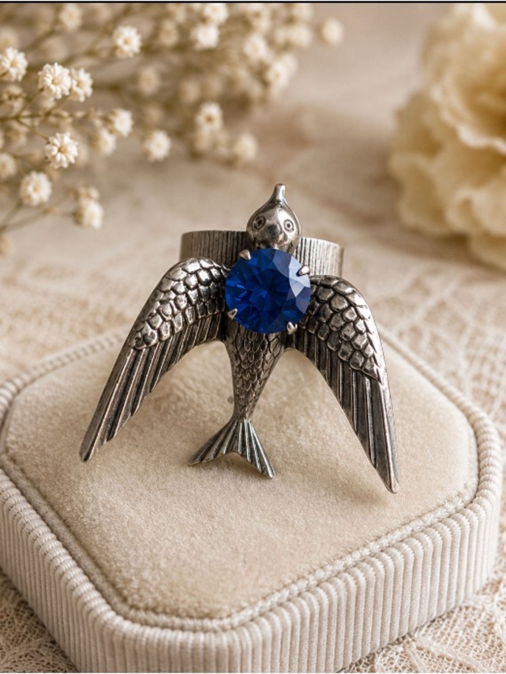 Gorgeous Vintage Swallow Bird Cuff Ring with Large Blue Stone